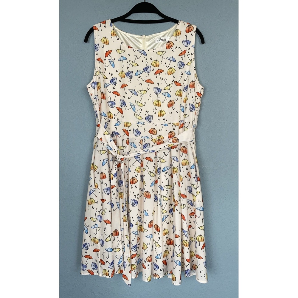 LA Soul Womens Fit Flare Dress Size L Cream Umbrellas All‎ Over Print Novelty